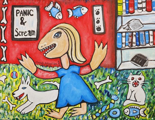 THE CHAOS 11x14 Outsider Kunstdruck signiert Künstler KSams Frau Hund Katze toter Fisch - Bild 1 von 2
