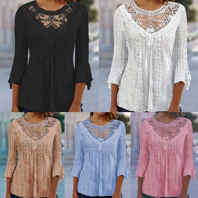 Womens Lace Tunic Tops Ladies 3/4 Sleeve Casual Autumn T Shirt Blouse  Pullover