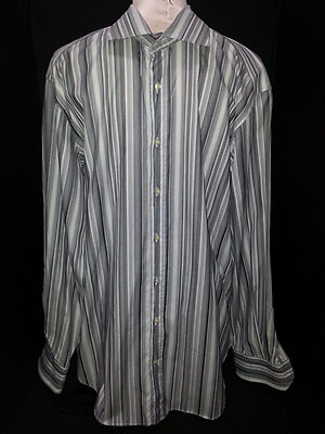 ETRO Mens Long Sleeve Button Front Shirt Size 44 2XL XXL Gray White Stripe Italy
