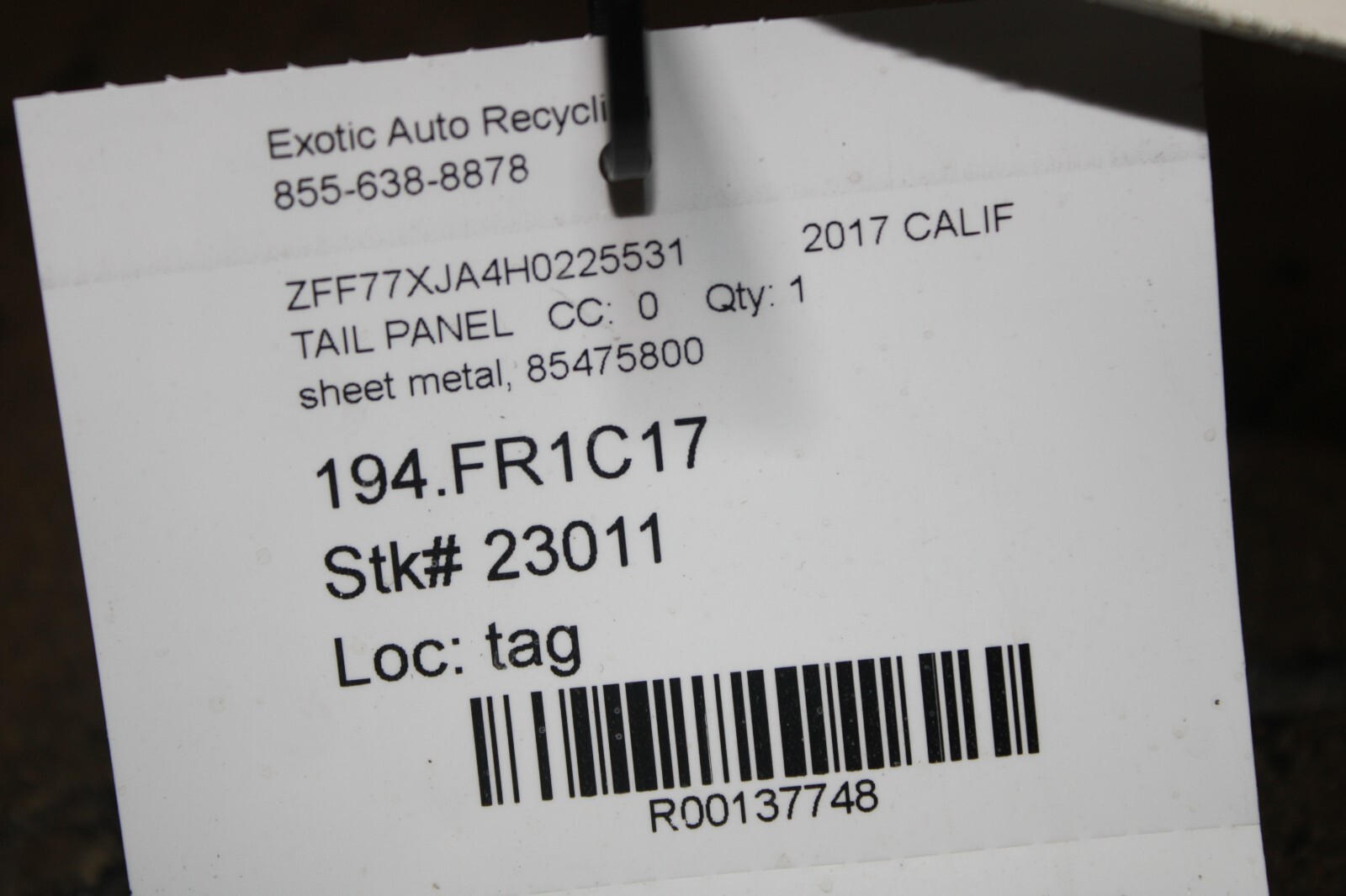 Ferrari California T, Tail Panel, Sheet Metal, Used, P/N 85475800