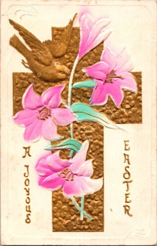 Easter Postcard Religious Golden Cross Bird Lilies Flowers Embossed Gold  A11 - Picture 1 of 2