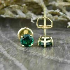 14K Yellow Gold Plated 1Ct Round Simulated Emerald 6MM Solitaire Stud Earrings
