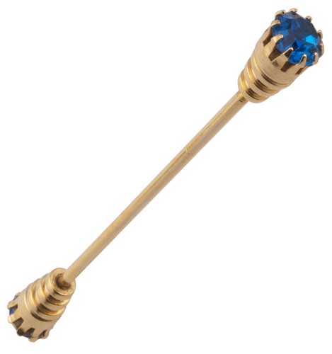 Mens Collar Bar Pin Gold Tone Blue Large Rhinestone 2 5/8" - Picture 2 of 3