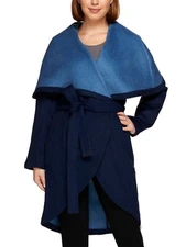 H by HALSTON Navy Blue Shawl Collar Colorblock Doubleface Wool Bld 4 Coat Jacket