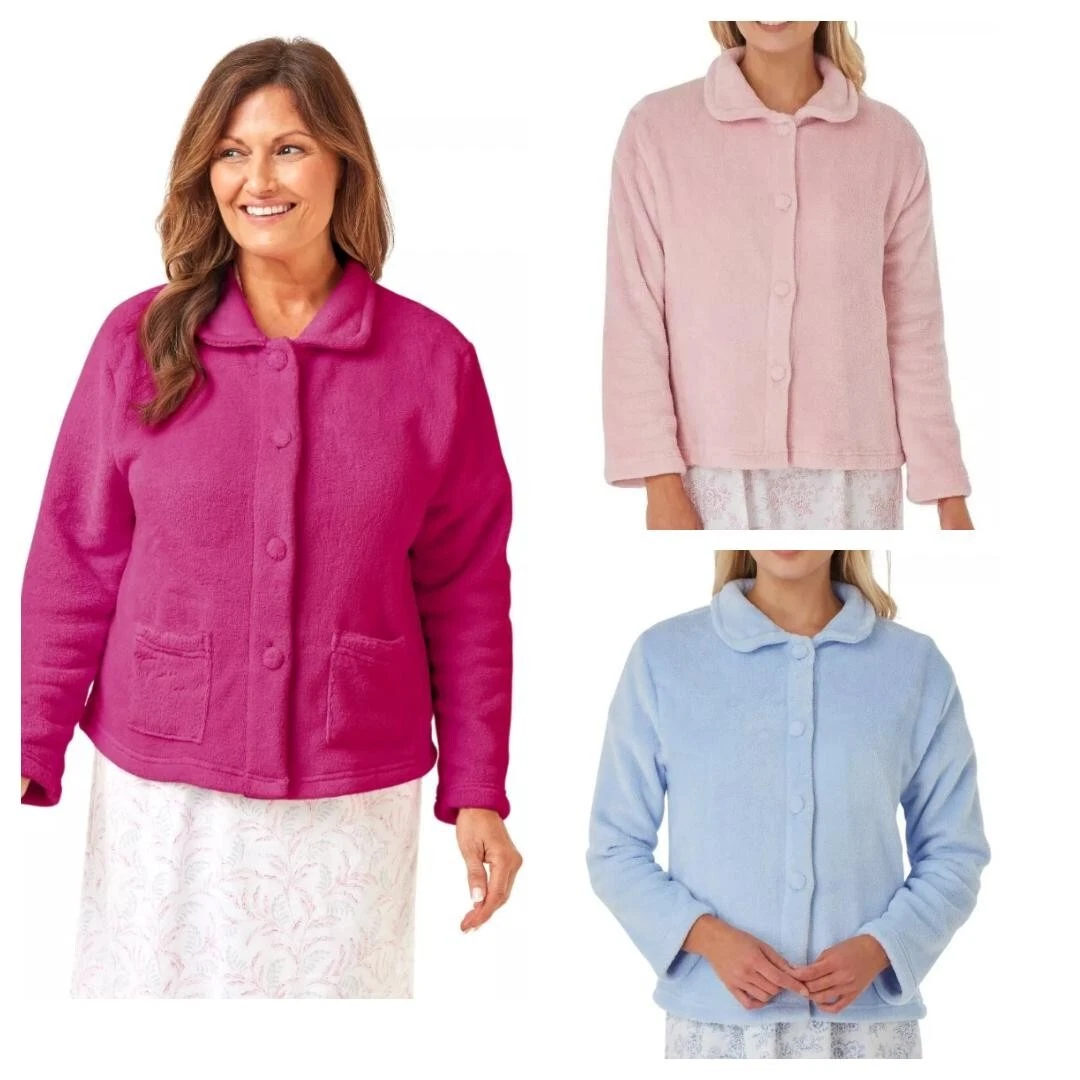 Ladies Soft Feel Fleece Button Front Collared Bed Jacket Nightwear Size 8-26