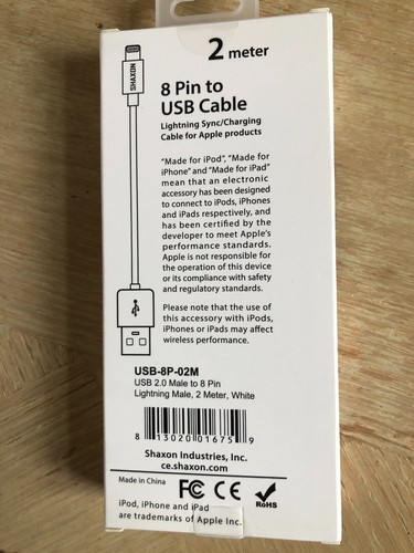 Shaxon 6 1/2 foot 8 pin to USB Cable for I Phone, I Pod, I Pad NEW in Box - Photo 2 sur 2