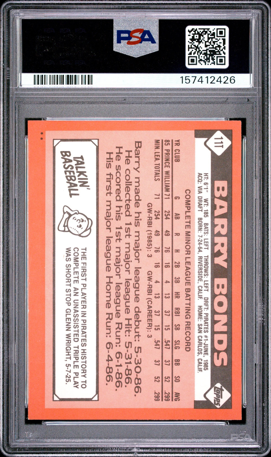 1986 Topps Traded #11T Barry Bonds Rookie (RC) PSA 9 view 2
