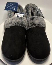 Ladies PAVERS Antimicrobial Black Fabric Faux Fur Mule Slippers UK Size 6 NWT