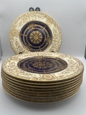 Antique 10 ROYAL WORCESTER DINNER PLATES Cobalt Blue & Gold Gilt Bone China HTF