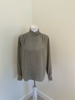NWT Vintage Rena Rowan for Saville Striped Button-Front Blouse in Taupe & Ivory