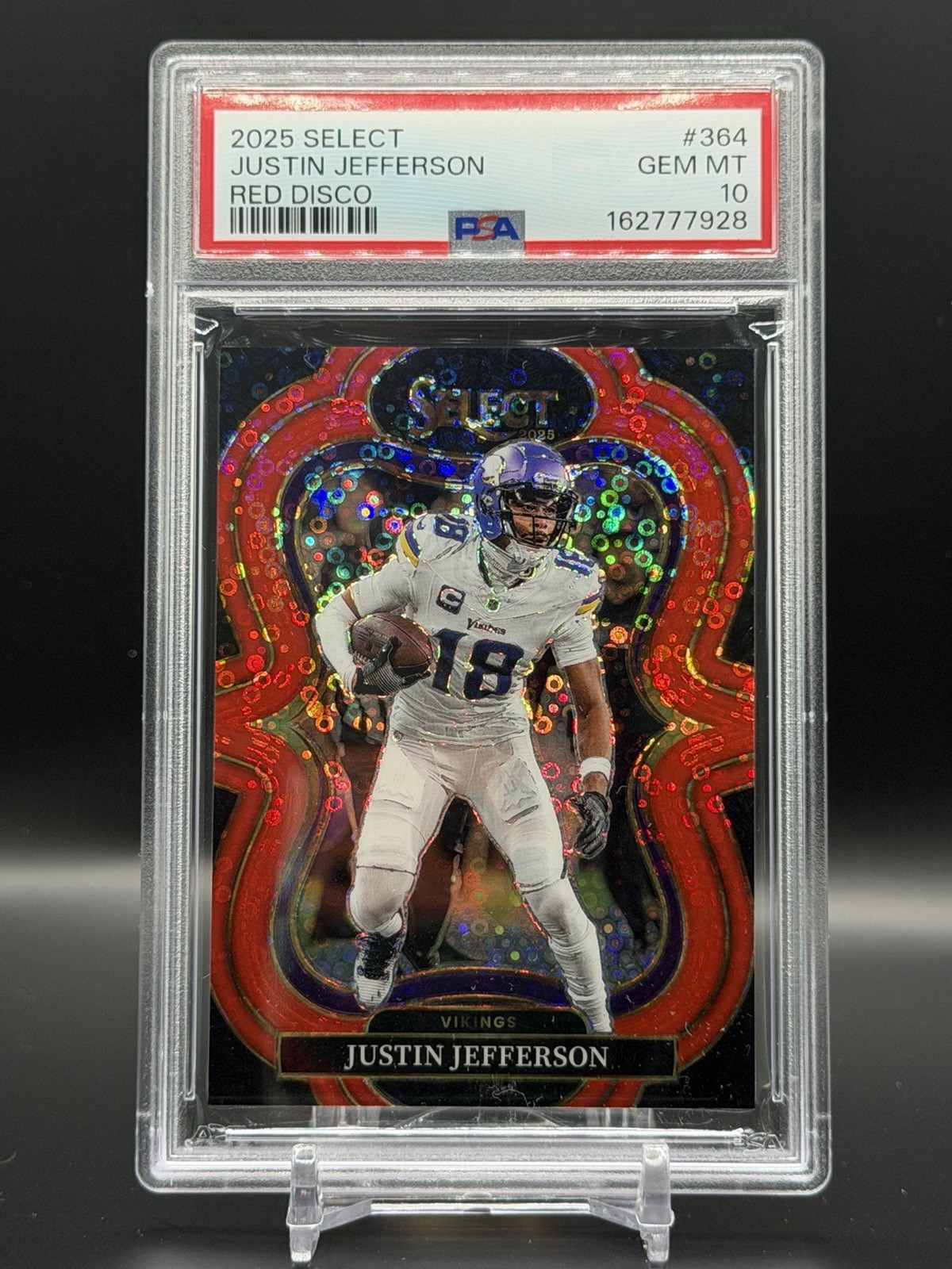 Justin Jefferson 2025 Panini Select #364 Red Disco Prizm Suite Level /49 PSA 10