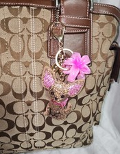 Cute 2 pc Pink Brown Sequin Chihuahua Dog Gold Tone Purse Charm Keychain