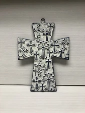 Cast Iron Dark Blue & White Decorative Wall Hanging Cross 7 X 9.5”