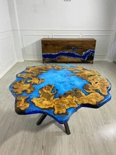 Blue Epoxy Resin River Table Top Live Edge Wood Slab Handmade Dining Desk Decors