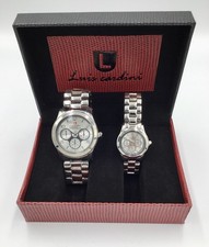 NEW💥Luis Cardini His & Her Metal Link, Water Resistant Stylish Quartz Watch Set