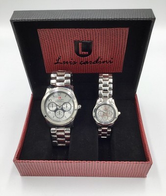 NEW Luis Cardini His & Her Metal Link, Water Resistant Stylish Quartz Watch Set