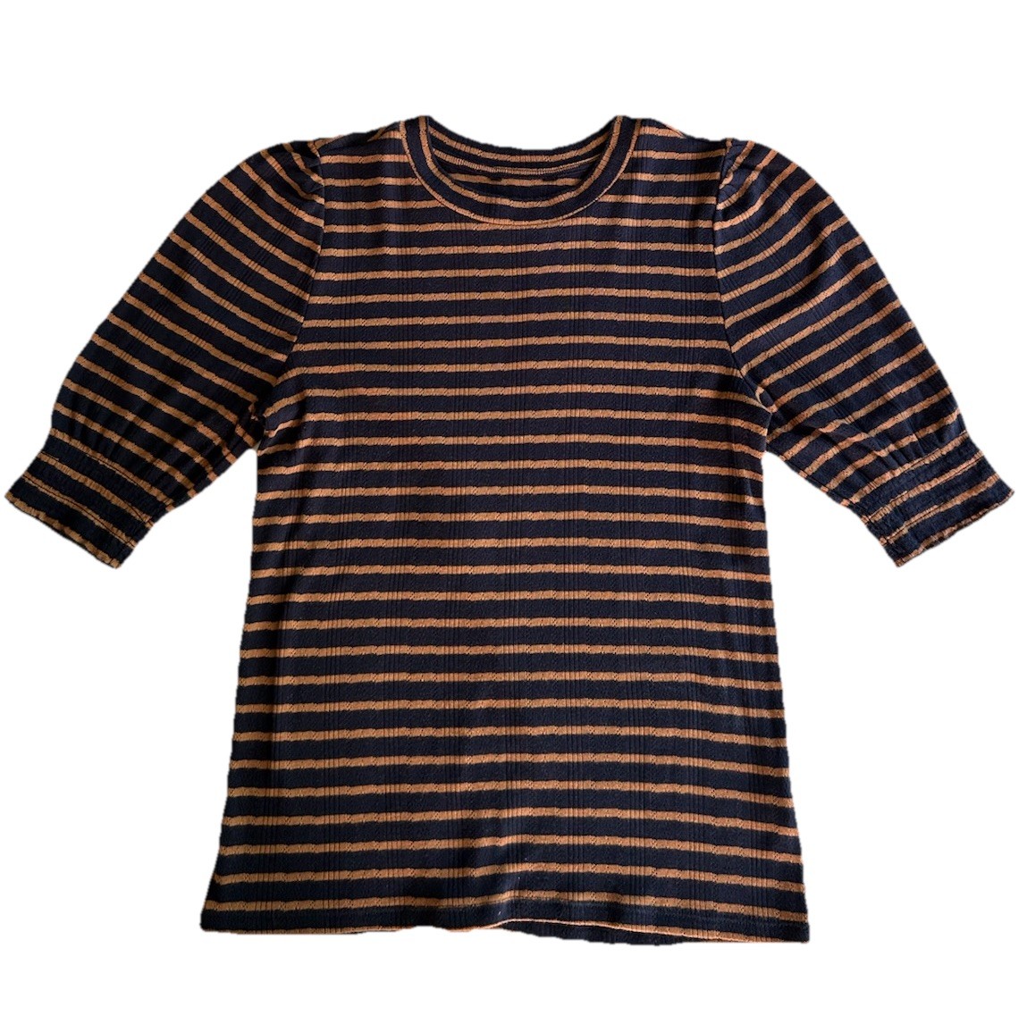 Women’s M Blue Brown Striped Knit Crew Neck 3/4 Puff Sleeve Ruffle Pullover Top