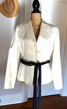Ann Taylor Ivory Cotton Linen Blend Lined Tie Blazer Jacket Collared Size 6