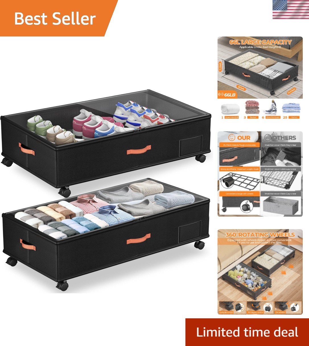 Contenedor de almacenamiento debajo de la cama con ruedas paquete de 2 organizador de armario de gran capacidad