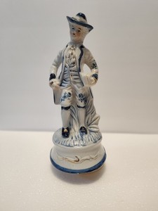 Blue and White Victorian Man Porcelain Figurine Musical  8" tall -works