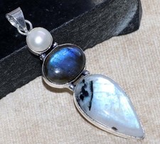 925 Silver Plated Long Rainbow Moonstone Fiery Labradorite Pendant 2.6" GW