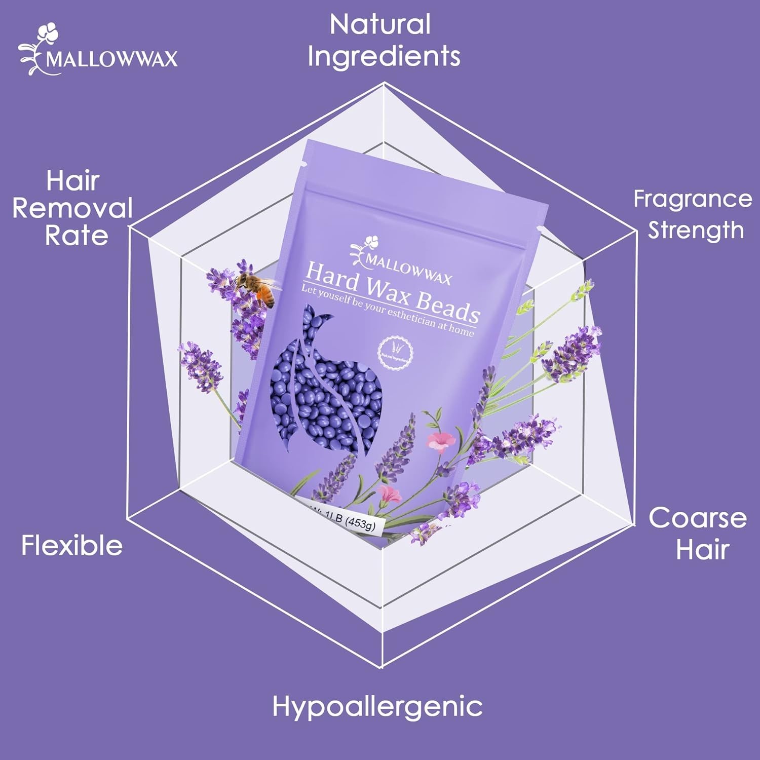 Hard Wax Beads, Wax Beans for Hair Removal, Natural Lavender, Stripless, Coarse 