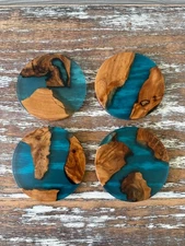 Teal Blue Resin River Wood Drink Coasters Set of 4 House Housewarming Gift Table