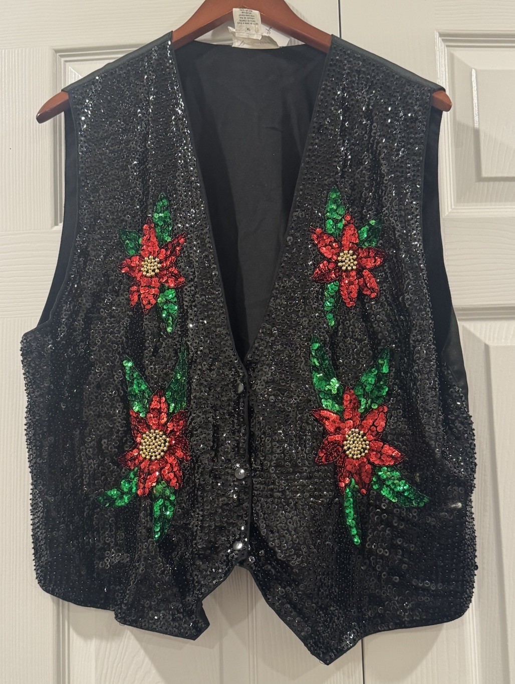 VTG Fantasy Christmas Vest Poinsettia Sequins Adult XL