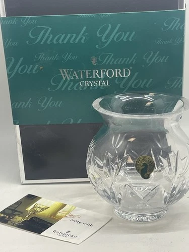 Vtg Waterford Crystal Rose Bowl Vase 4.5" Tall Thank You With BOX Tulip Pattern