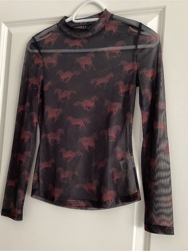 Lucky & Blessed Black Sheer Long Sleeve Top with Burgundy Horse Print