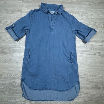 Thread & Supply Women's Shirt Dress Blue XS Chambray Roll Tab Sleeve High Low