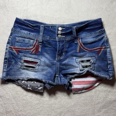 Y2K Flamingals Women s Blue Denim Shorts Red/White Stars And Stripes Size XS