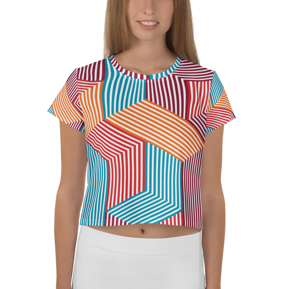 Vivid Striped Crop Top Women's Short Sleeve Knit Geometric Orange Turquoise