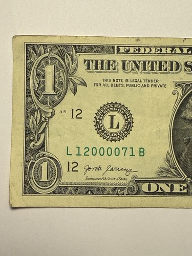 Four In A Row 0s One Dollar Bill $1 Fancy Serial Number $1 L12000071B 2017 Year - Picture 3 of 10