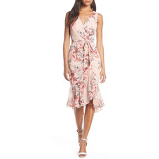 Eliza J Sleeveless Flutter Hem Textured Midi Dress Women's 2 Pink Floral NWT