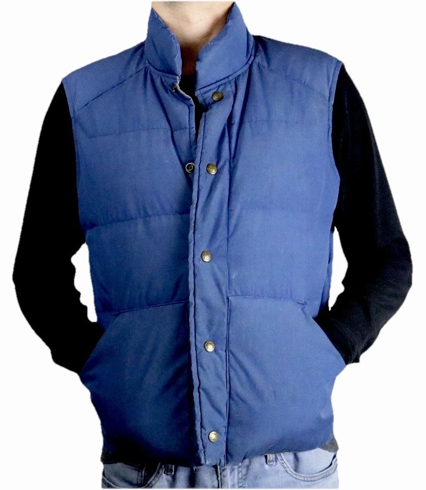 Vintage Eddie Bauer Puffer Vest Mens Goose Down Blue Yellow Snaps Size MEDIUM