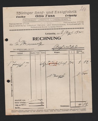Lucka, invoice 1930, Otto Fuss Thuringian mustard vinegar factory