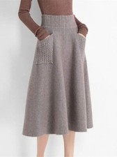 Warm Faux Wool Knitting Skirts Women High Waist Pocket Loose Knit Mid-Calf Skirt