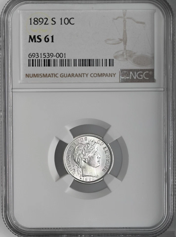 1892-S 10C BARBER SILVER DIME SAN FRANCSICO MINT NGC MS61 #6931539-001 - Image 2 of 4