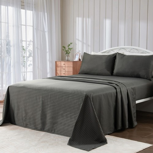 1800TC Stripe Soft 4Pcs Flat Fitted Sheet Set Pillowcases S/KS/D/Queen/King Bed - Picture 19 of 19