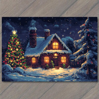 Art Print Cabin Christmas Tree Lit Snowy Night Pixel Art Winter Wonderland 8 Bit