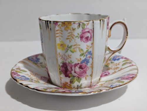 Vintage Royal Albert Crown China Demitasse Cup & Saucer Panelled Design w/ Roses