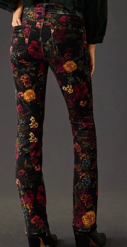 Pantalones de mezclilla ajustados Free People Pilcro tiro medio terciopelo florales negro vino dorado 28 NUEVO - Imagen 5 de 7