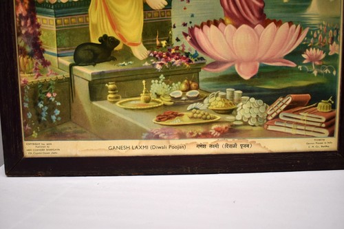 Antique German Oleograph Print Ganesh Laxmi Diwali Poojan Lithograph Hindu God " - Picture 3 of 8