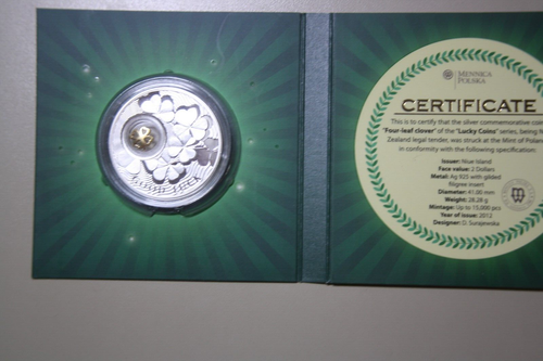 Niue 2 dólares 2012 plata "Lucky Coins" #F5831 inserto "4 hojas trébol" raro - Imagen 8 de 10
