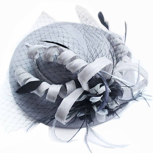 Beautiful Grey Flowers & Black Lacy Ribbon Party / Melbourne Cup Hat - Picture 1 of 2