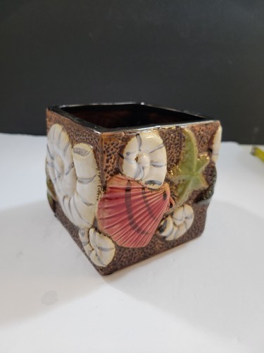 Vintage 5" Square Ceramic Planter Pot Hand Painted Colorful Embossed Seashells - Picture 3 of 14