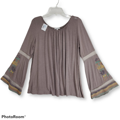 Jodifil Gray Embroidered Pull-Over Knit Top Sz S Long Sleeve Netting Inserts