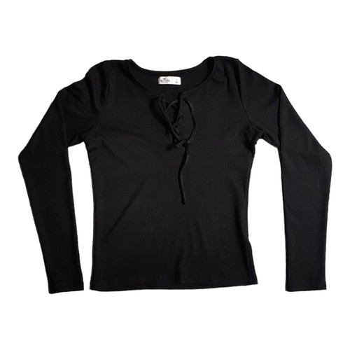 Hollister Long Sleeve Top Women Juniors Size Large Black Fitted Lace Up Neckline - 第 1/6 張圖片
