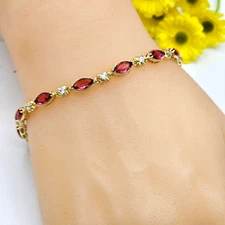 14K Gold Plated Flowers Chain Garnet CZ Bracelet. Fashion Luxury Elegant Jewelry